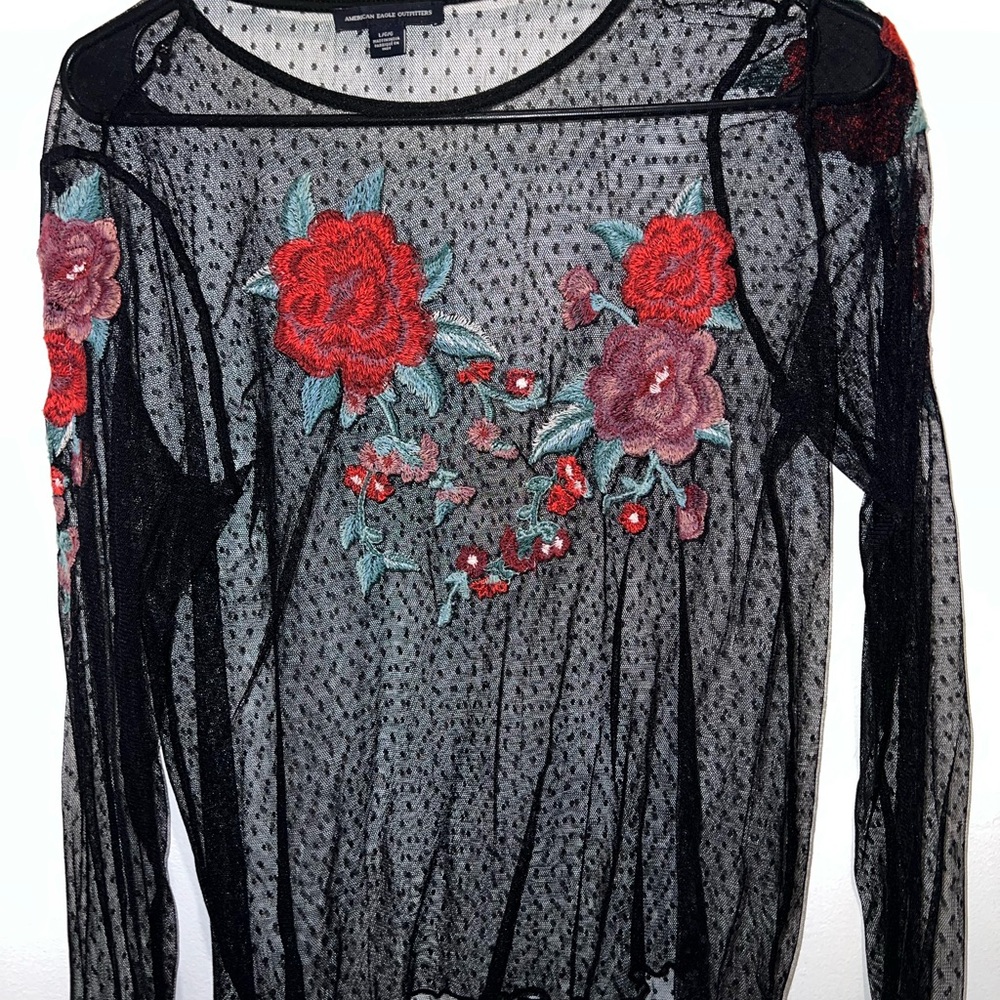 American Eagle Black Mesh Blouse with Red and Pink Floral Embroidery